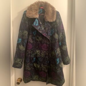 Boho Hippie Navy Floral Tapestry Coat Size Large Gorgeous Double Breasted warm